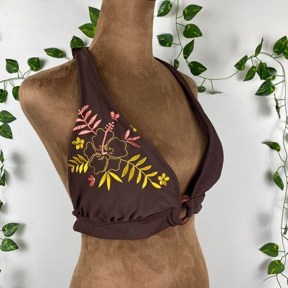True Y2k embroidered beaded bikini halter top tie adjustable fairy brown pink